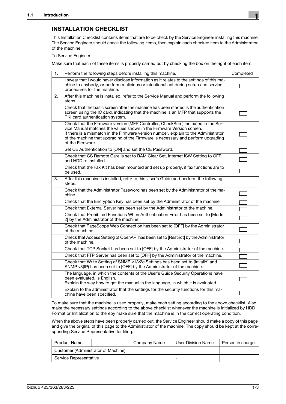 Installation checklist, Installation checklist -3 | Konica Minolta BIZHUB 223 User Manual | Page 6 / 55