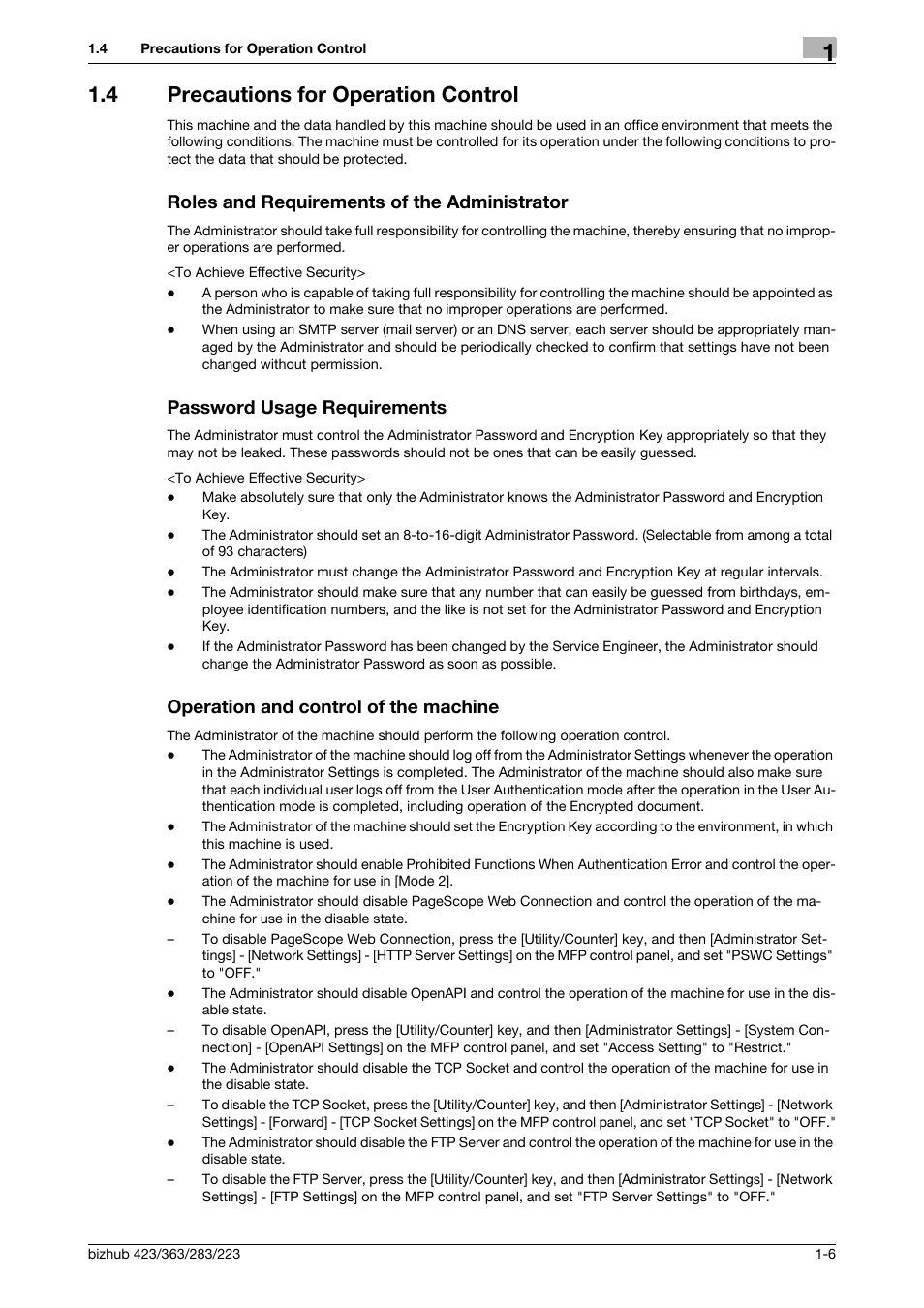 4 precautions for operation control, Roles and requirements of the administrator, Password usage requirements | Operation and control of the machine | Konica Minolta BIZHUB 223 User Manual | Page 9 / 55