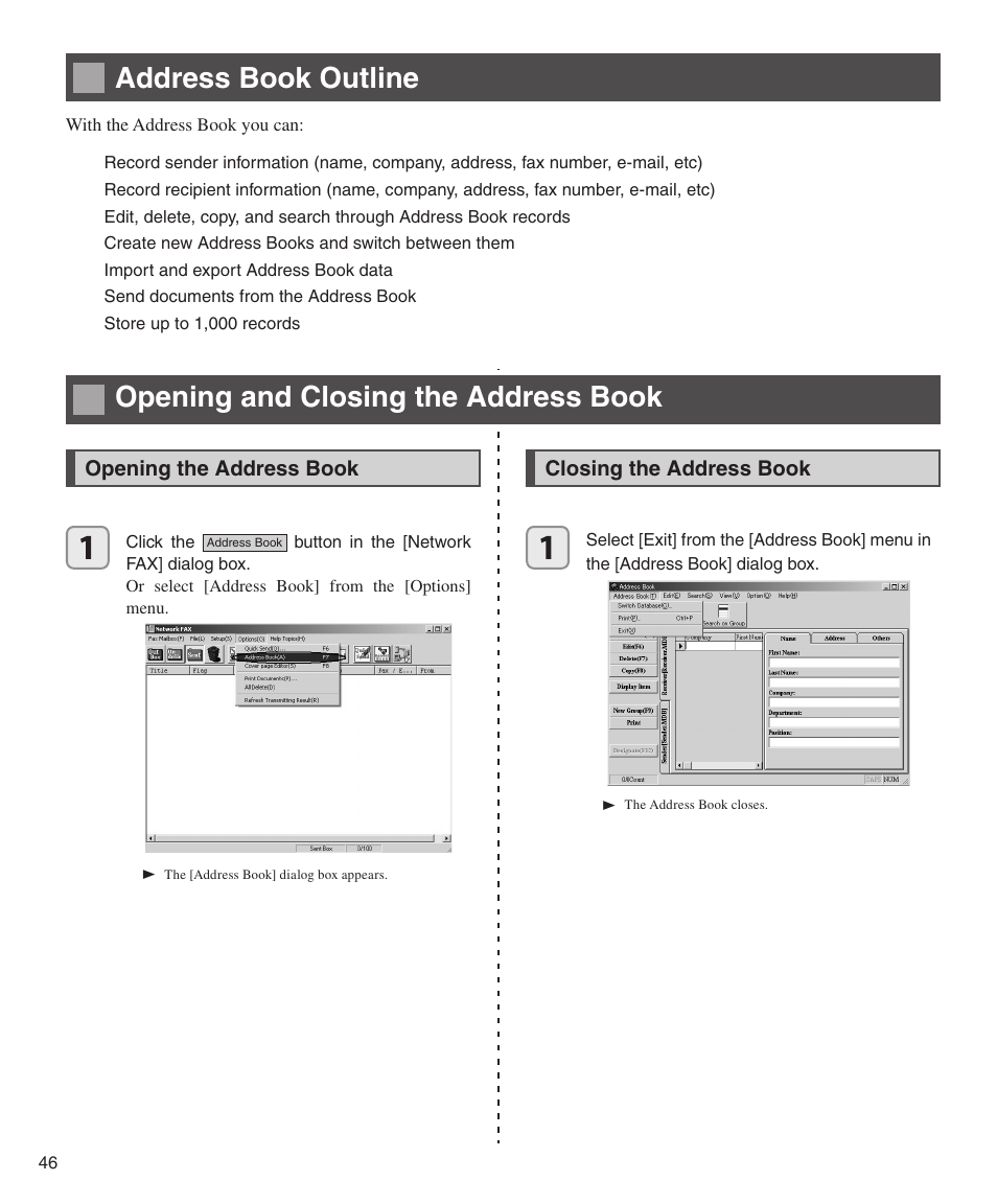Address book outline, Opening and closing the address book, Opening the address book | Closing the address book | Konica Minolta bizhub 282 User Manual | Page 46 / 76