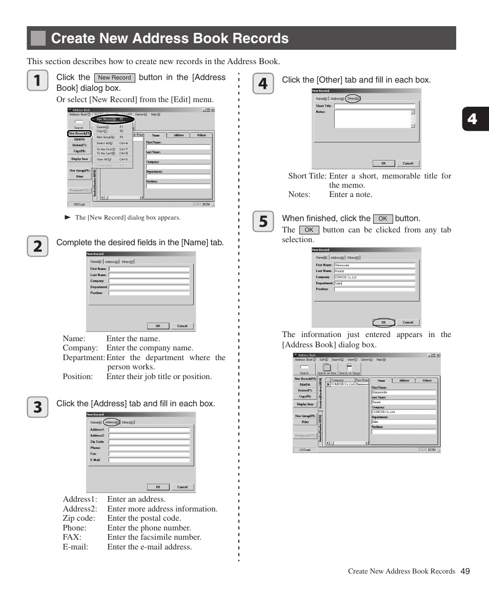 Create new address book records, Create a new address book records | Konica Minolta bizhub 282 User Manual | Page 49 / 76
