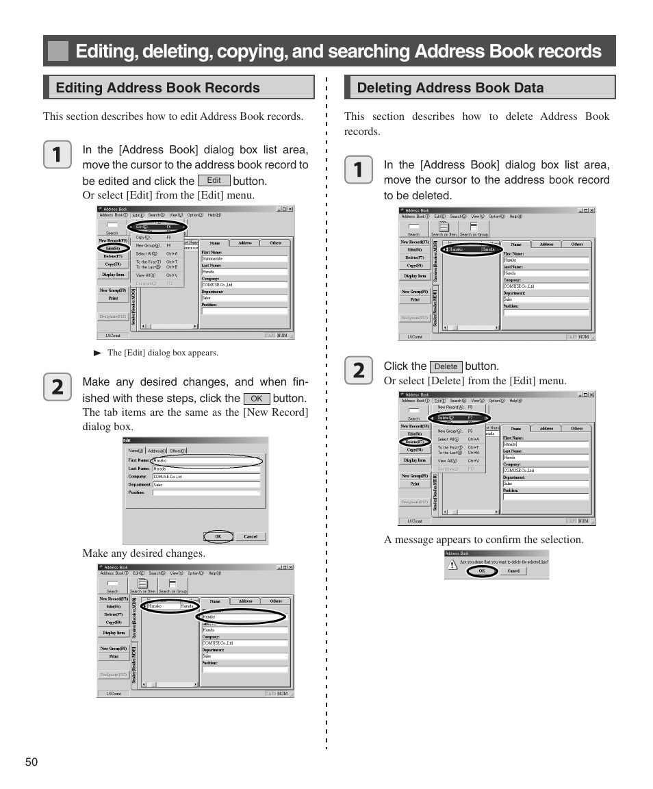 Editing address book records, Deleting address book data, Deleting address book records | Editing, deleting, copying, and searching, Address book records | Konica Minolta bizhub 282 User Manual | Page 50 / 76