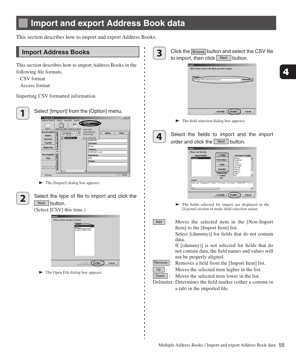 Import and export address book data, Import address books | Konica Minolta bizhub 282 User Manual | Page 55 / 76