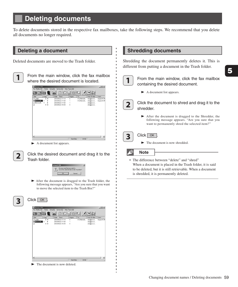 Deleting documents, Deleting a document, Shredding documents | Konica Minolta bizhub 282 User Manual | Page 59 / 76