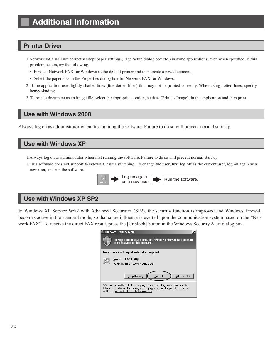 Additional information, Printer driver, Use with windows 2000 | Use with windows xp, Use with windows xp sp2 | Konica Minolta bizhub 282 User Manual | Page 70 / 76