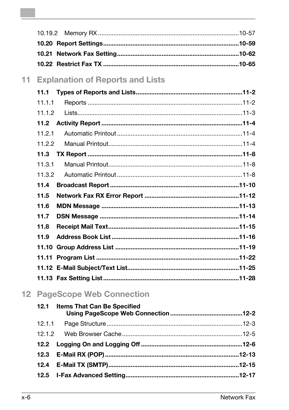 11 explanation of reports and lists, 12 pagescope web connection | Konica Minolta bizhub 750 User Manual | Page 7 / 334