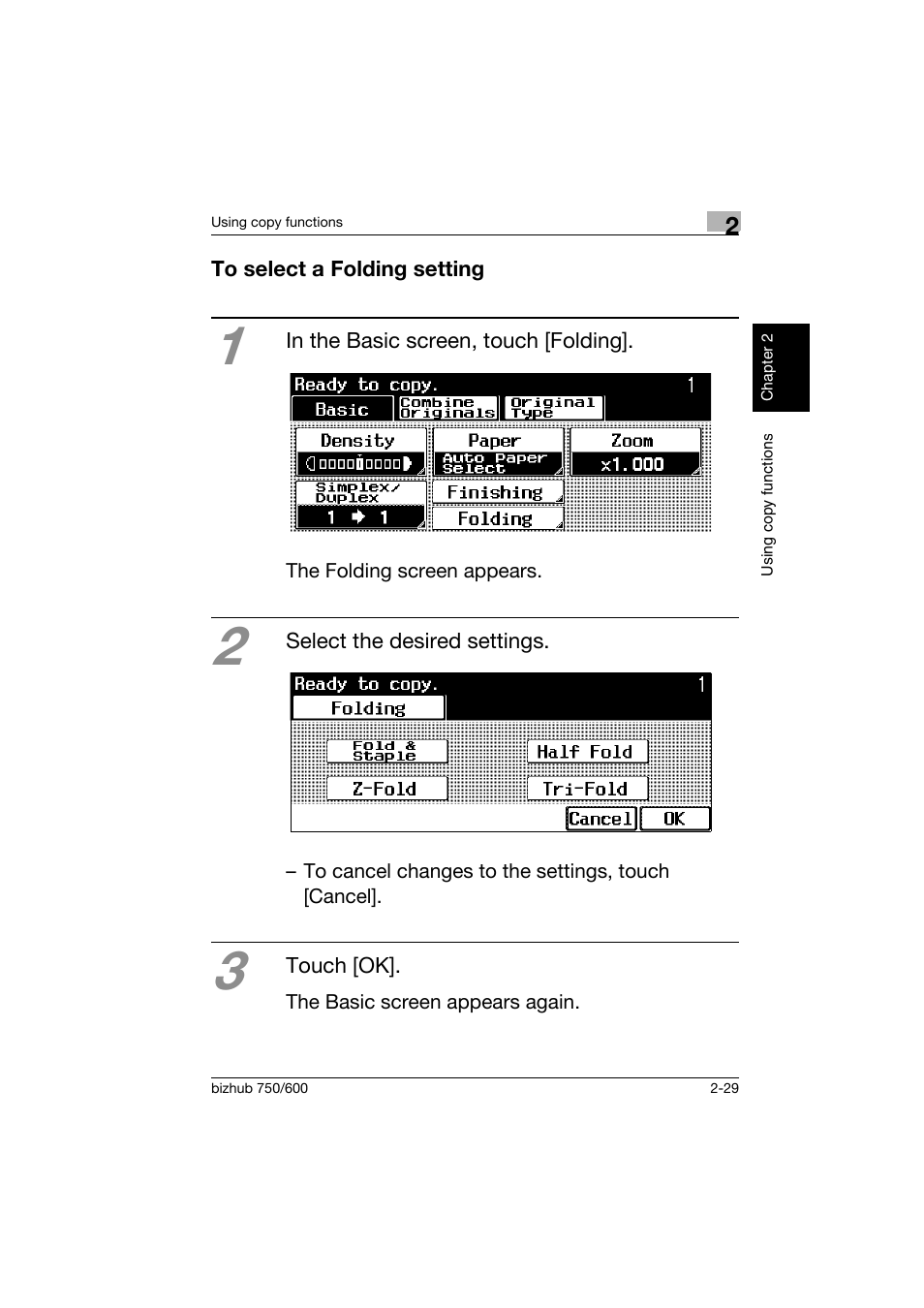 To select a folding setting, To select a folding setting -29 | Konica Minolta bizhub 750 User Manual | Page 66 / 150