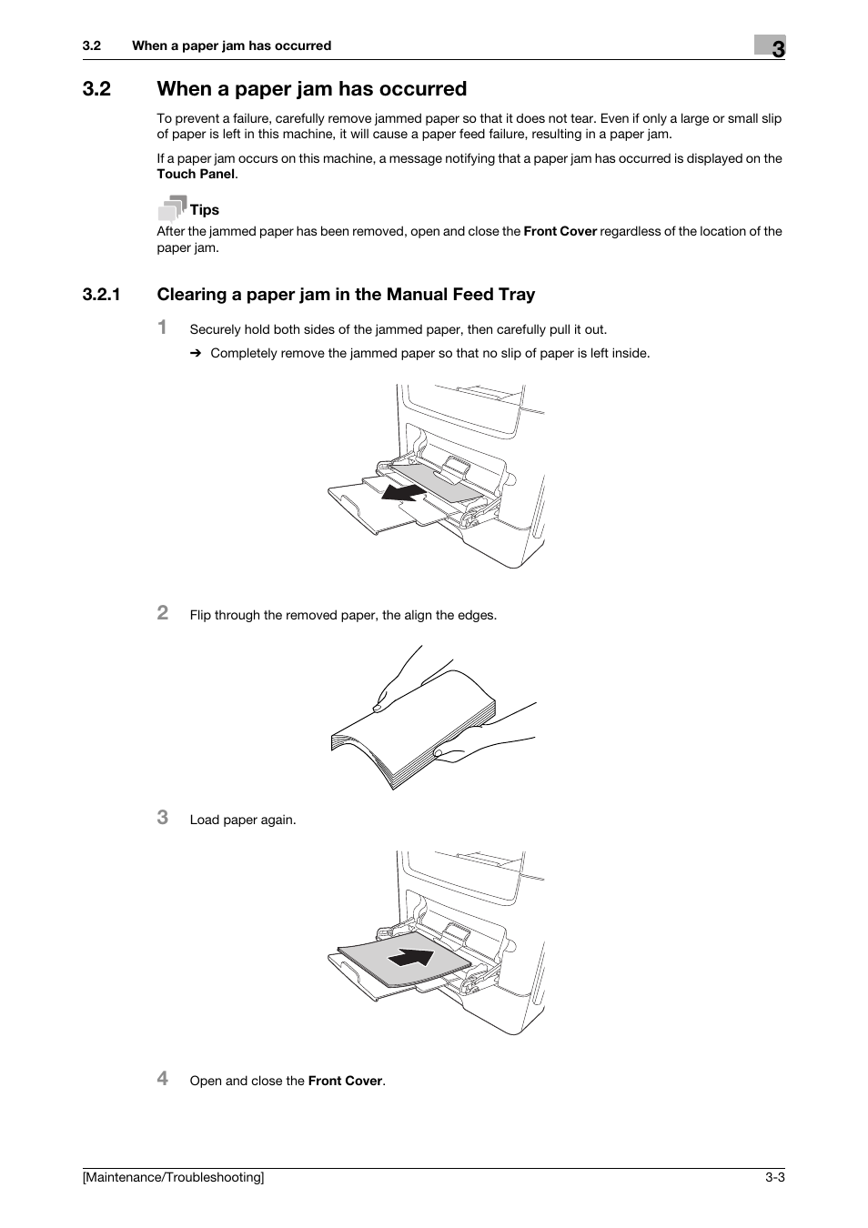2 when a paper jam has occurred, 1 clearing a paper jam in the manual feed tray, When a paper jam has occurred -3 | Clearing a paper jam in the manual feed tray -3 | Konica Minolta bizhub 4050 User Manual | Page 20 / 56