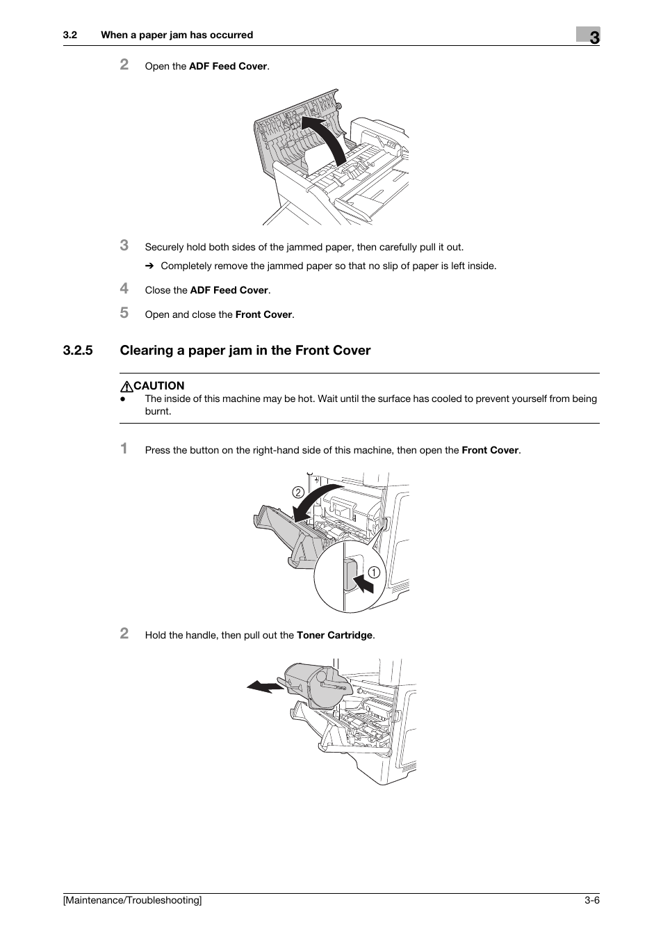 5 clearing a paper jam in the front cover, Clearing a paper jam in the front cover -6 | Konica Minolta bizhub 4050 User Manual | Page 23 / 56