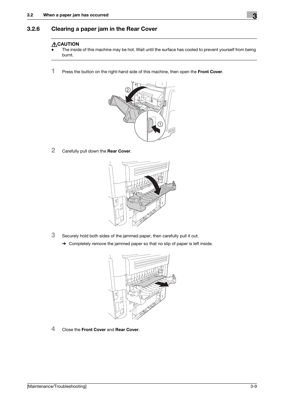 6 clearing a paper jam in the rear cover, Clearing a paper jam in the rear cover -9 | Konica Minolta bizhub 4050 User Manual | Page 26 / 56