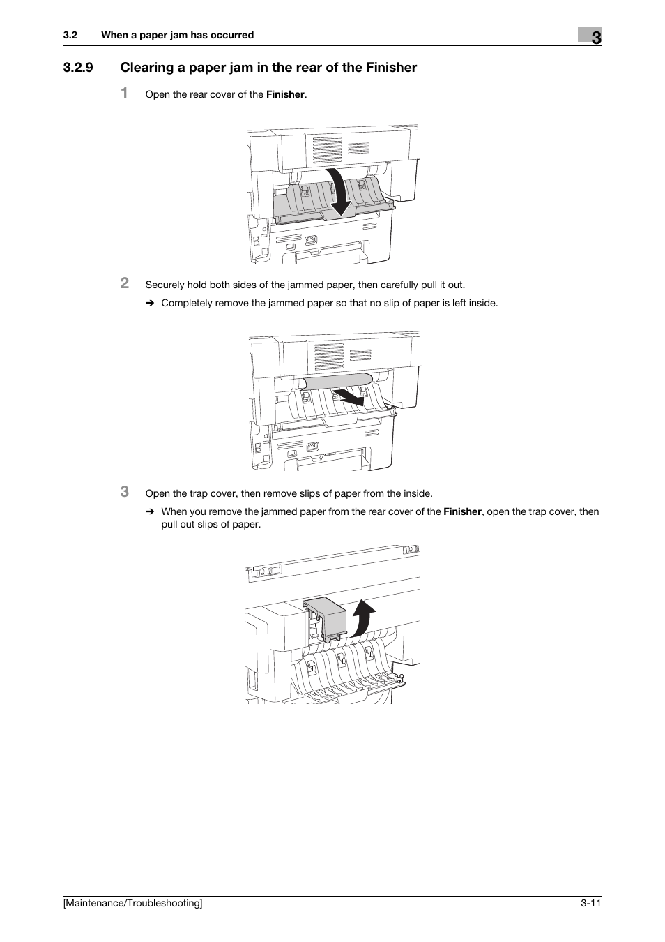 9 clearing a paper jam in the rear of the finisher | Konica Minolta bizhub 4050 User Manual | Page 28 / 56