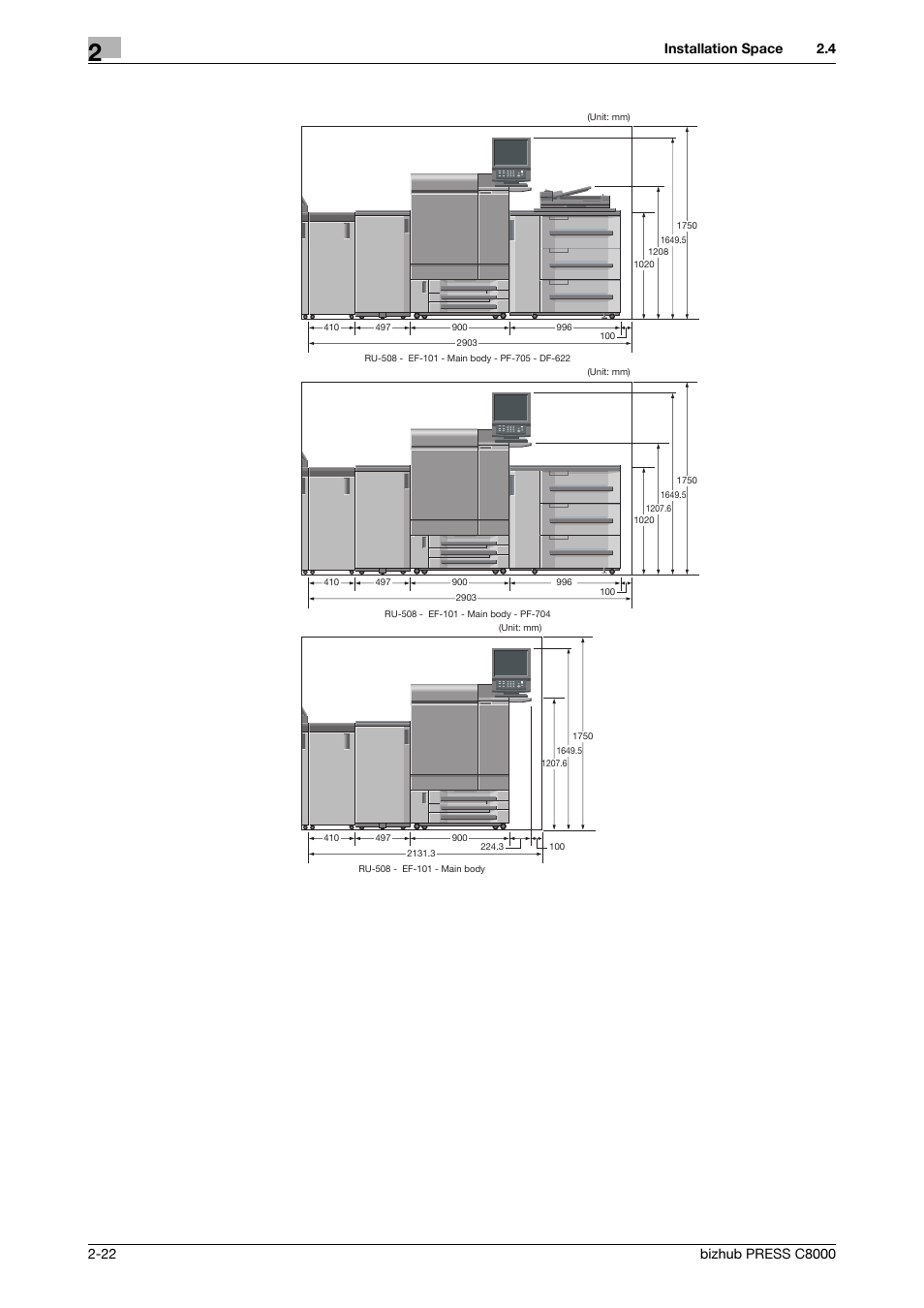 Installation space | Konica Minolta bizhub PRESS C8000 User Manual | Page 29 / 50
