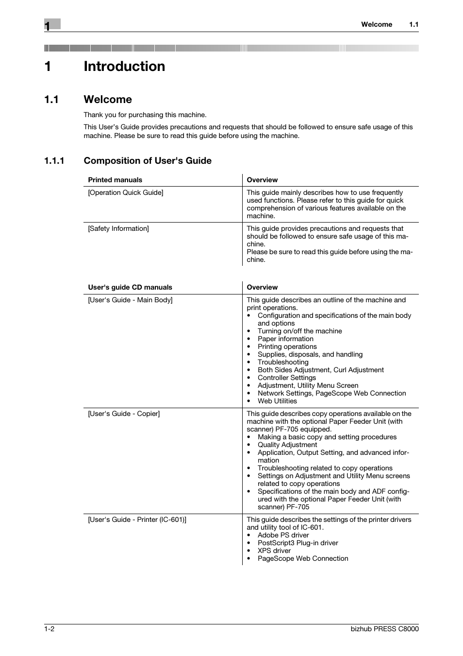1 introduction, 1 welcome, 1 composition of user's guide | Introduction, Welcome -2, Composition of user's guide -2, 1introduction | Konica Minolta bizhub PRESS C8000 User Manual | Page 5 / 50