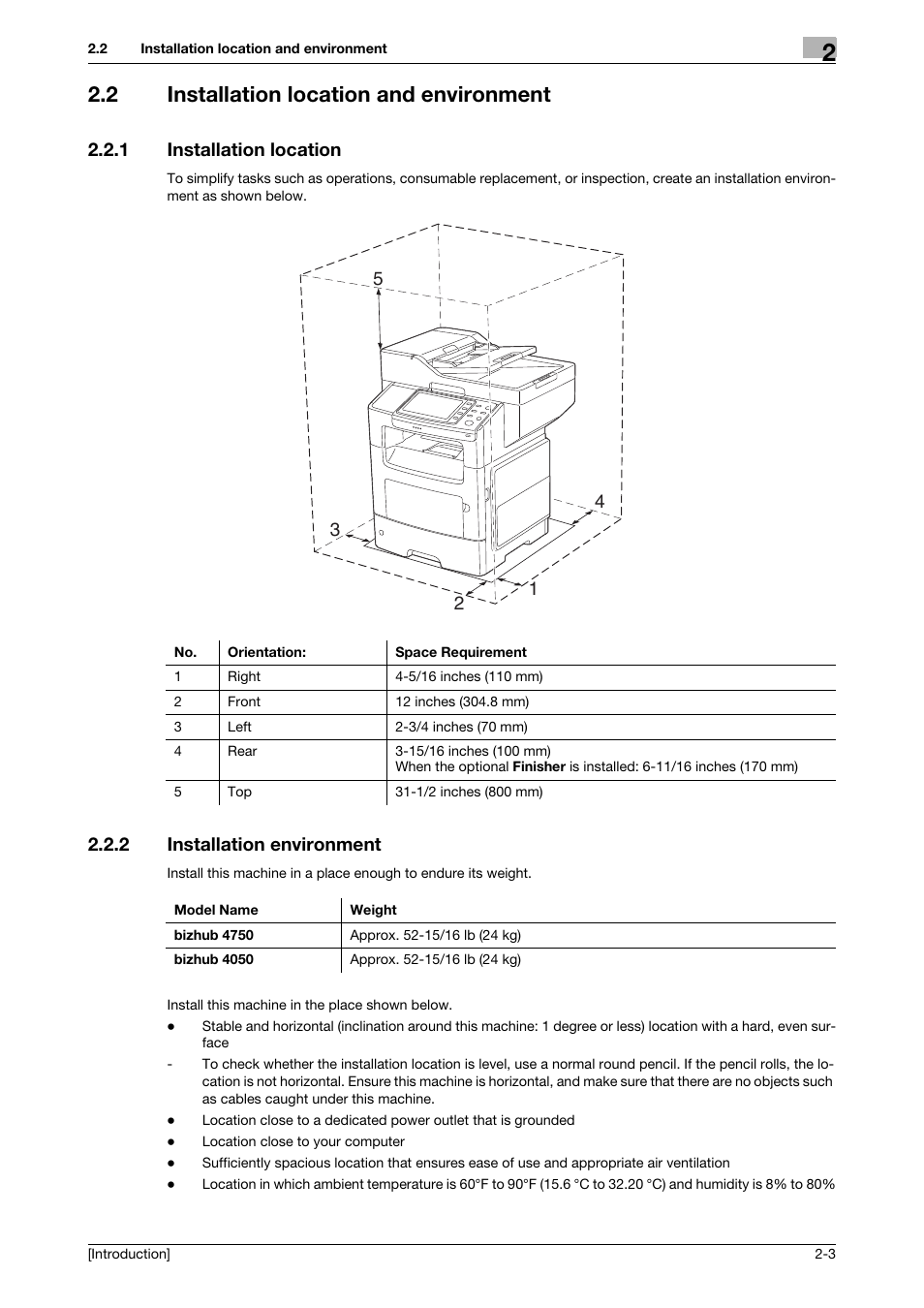 2 installation location and environment, 1 installation location, 2 installation environment | Installation location and environment -3, Installation location -3, Installation environment -3 | Konica Minolta bizhub 4050 User Manual | Page 18 / 86