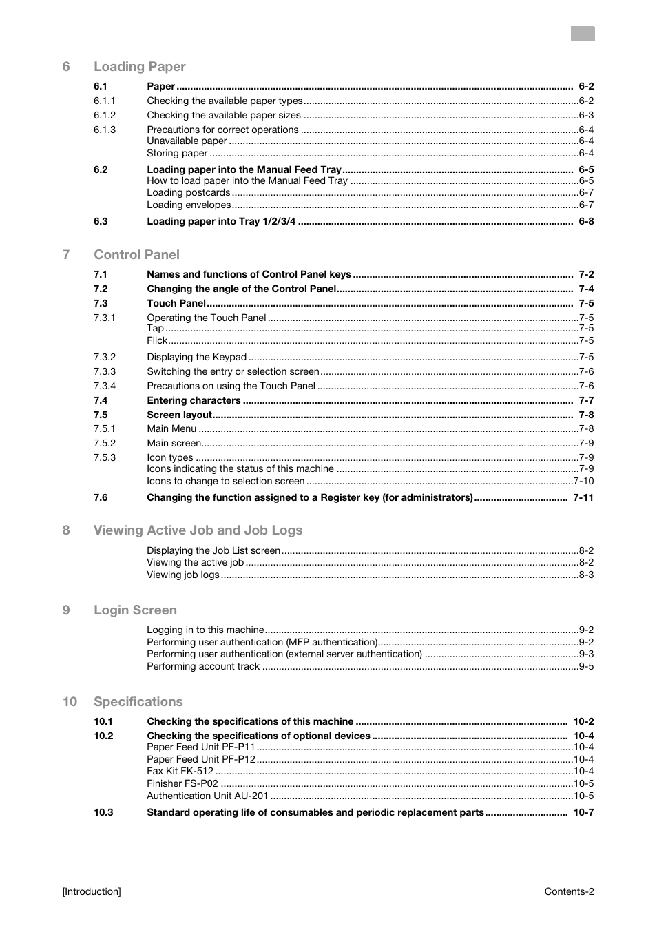 6loading paper, 7control panel, 8viewing active job and job logs | 9login screen, 10 specifications | Konica Minolta bizhub 4050 User Manual | Page 3 / 86