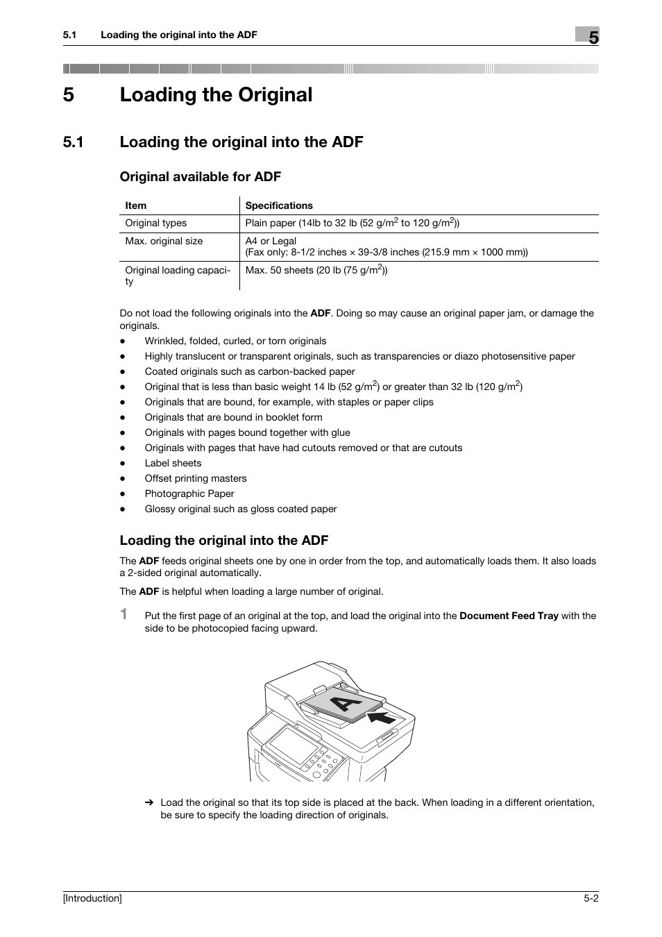 5 loading the original, 1 loading the original into the adf, Original available for adf | Loading the original into the adf, Loading the original, 5loading the original | Konica Minolta bizhub 4050 User Manual | Page 32 / 86