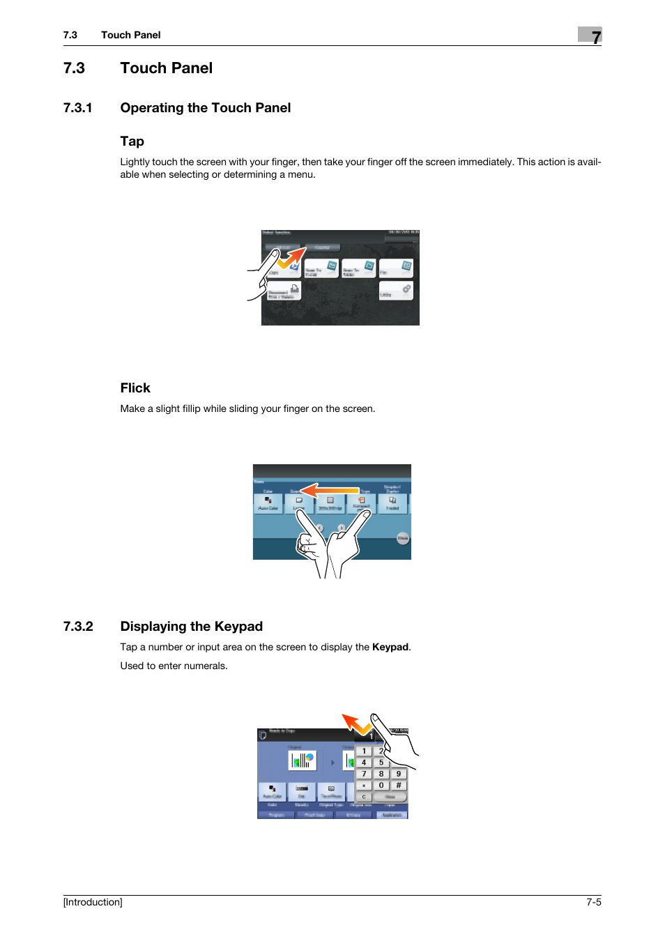 3 touch panel, 1 operating the touch panel, Flick | 2 displaying the keypad, Touch panel -5, Operating the touch panel -5 tap -5 flick -5, Displaying the keypad -5 | Konica Minolta bizhub 4050 User Manual | Page 49 / 86