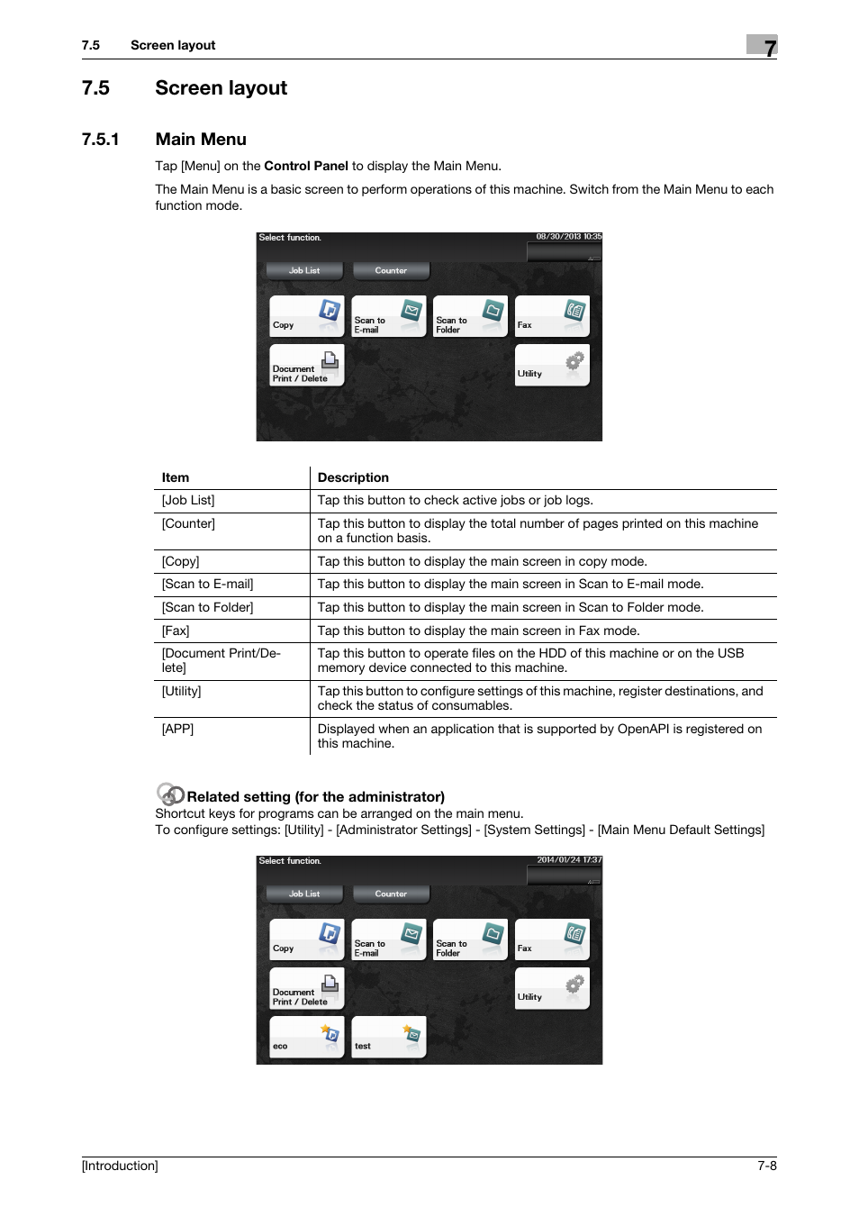 5 screen layout, 1 main menu, Screen layout -8 | Main menu -8 | Konica Minolta bizhub 4050 User Manual | Page 52 / 86