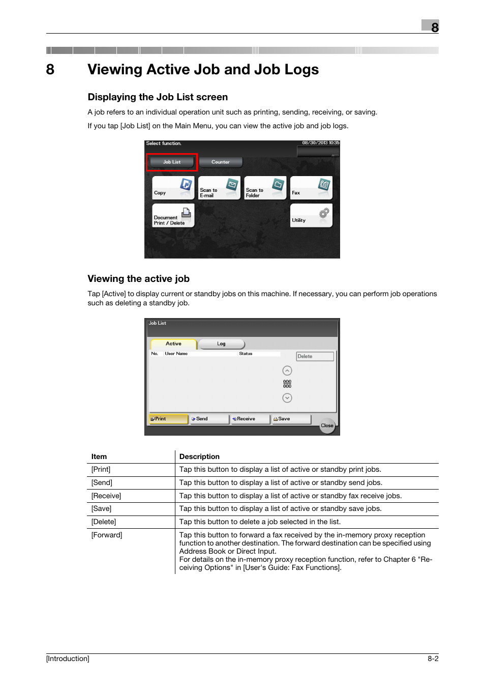 8 viewing active job and job logs, Displaying the job list screen, Viewing the active job | Viewing active job and job logs, 8viewing active job and job logs | Konica Minolta bizhub 4050 User Manual | Page 57 / 86