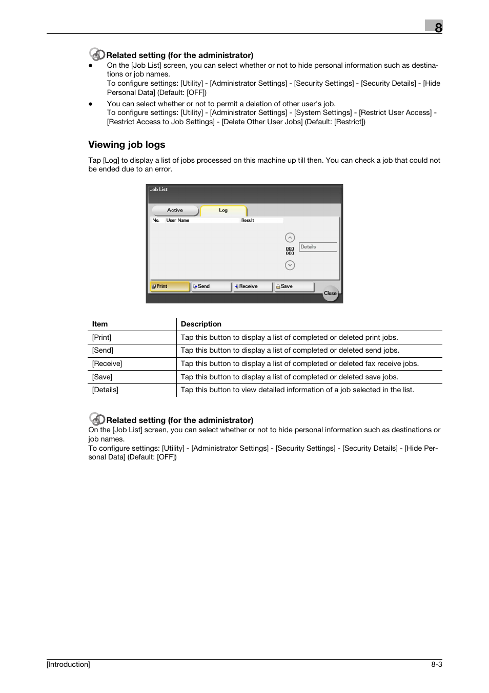 Viewing job logs, Viewing job logs -3 | Konica Minolta bizhub 4050 User Manual | Page 58 / 86