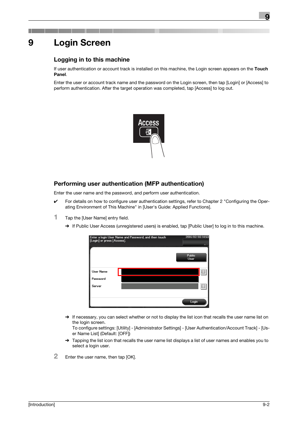 9 login screen, Logging in to this machine, Login screen | 9login screen | Konica Minolta bizhub 4050 User Manual | Page 60 / 86