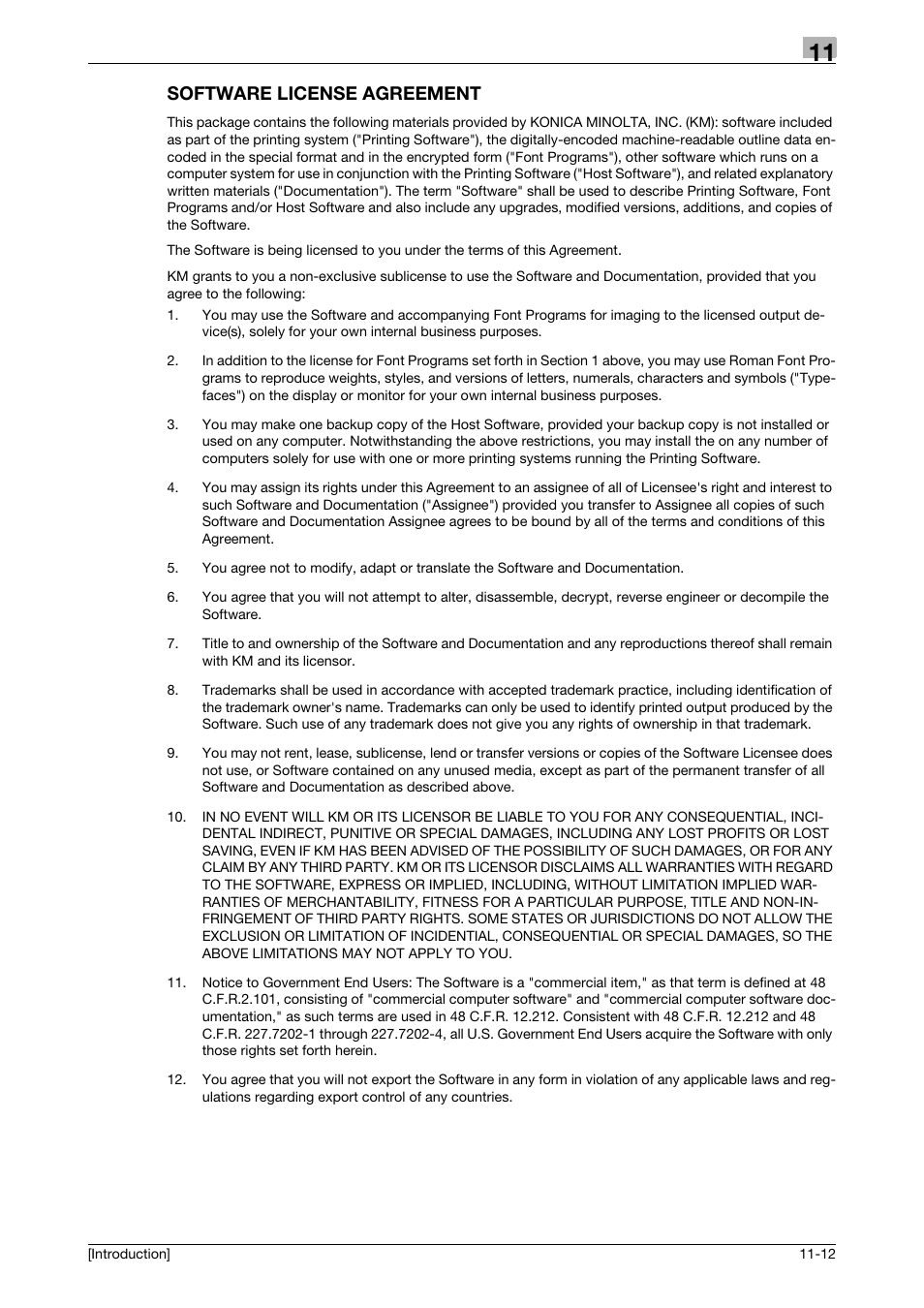 Software license agreement, Software license agreement -12 | Konica Minolta bizhub 4050 User Manual | Page 82 / 86