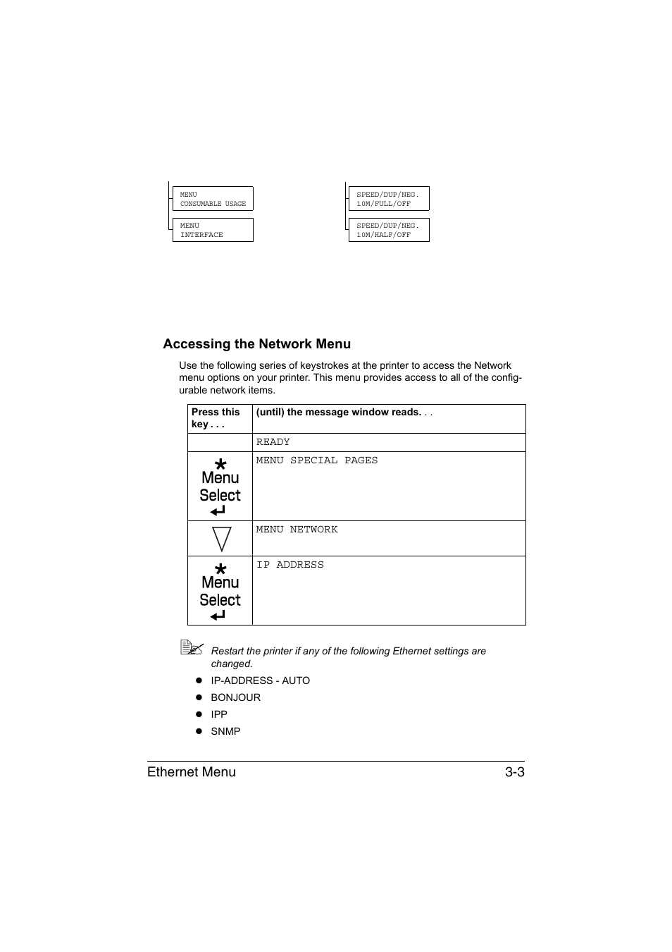 Accessing the network menu, Accessing the network menu -3, Ethernet menu 3-3 accessing the network menu | Konica Minolta magicolor 3730DN User Manual | Page 112 / 185