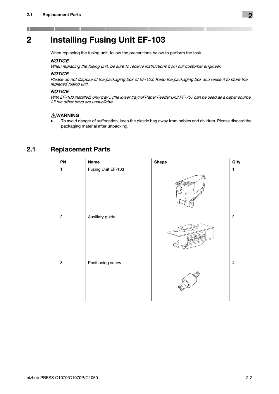 2 installing fusing unit ef-103, 1 replacement parts, Installing fusing unit ef-103 | Replacement parts -2, 2installing fusing unit ef-103 | Konica Minolta bizhub PRESS C1070 User Manual | Page 11 / 37