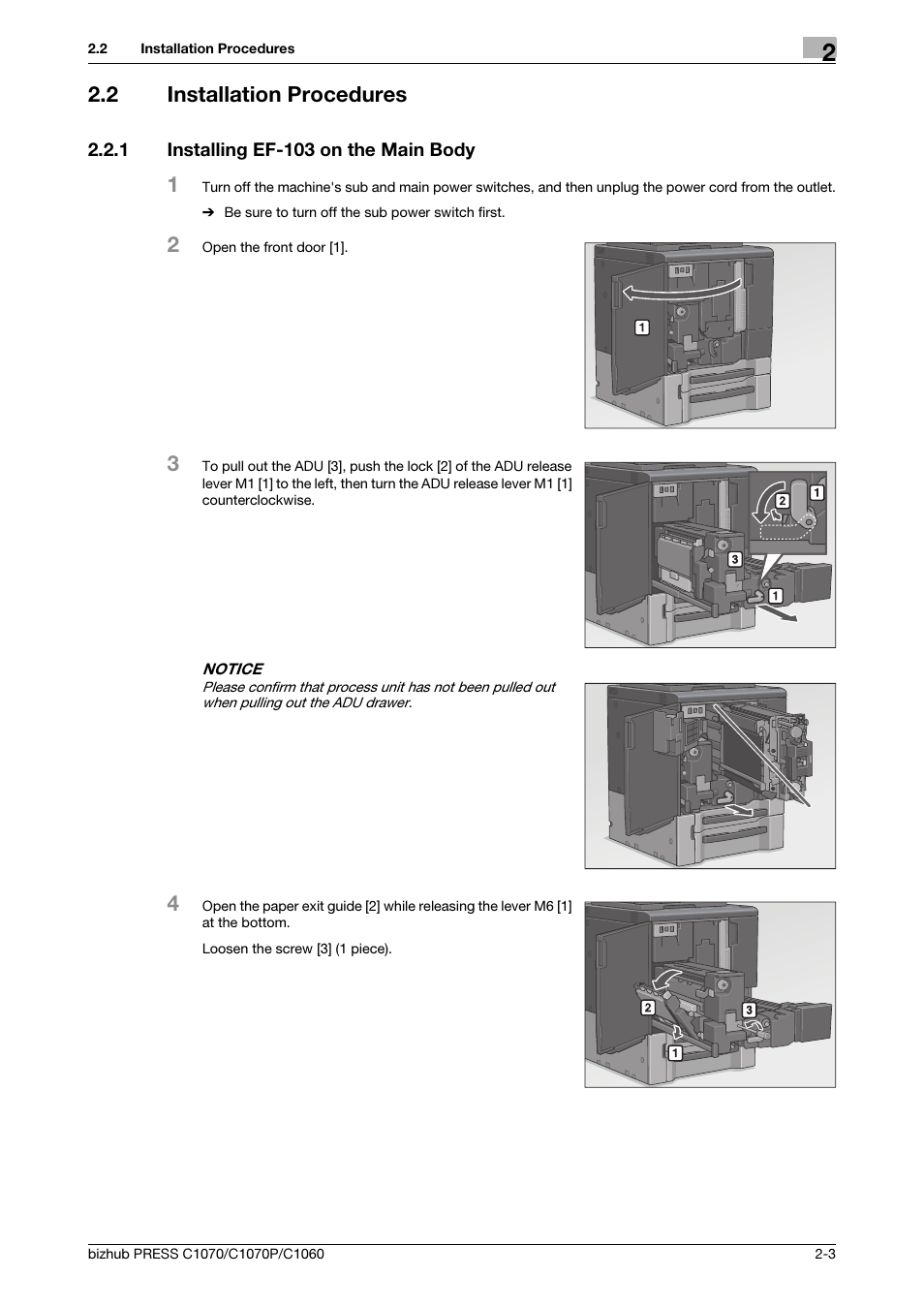2 installation procedures, 1 installing ef-103 on the main body, Installation procedures -3 | Installing ef-103 on the main body -3 | Konica Minolta bizhub PRESS C1070 User Manual | Page 12 / 37