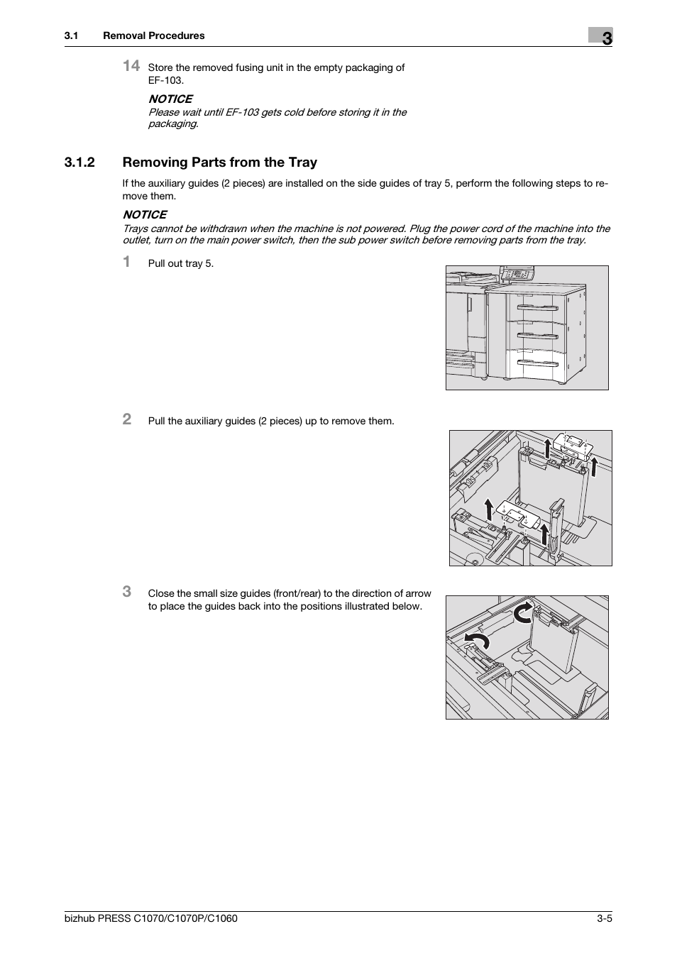 2 removing parts from the tray, Removing parts from the tray -5 | Konica Minolta bizhub PRESS C1070 User Manual | Page 21 / 37