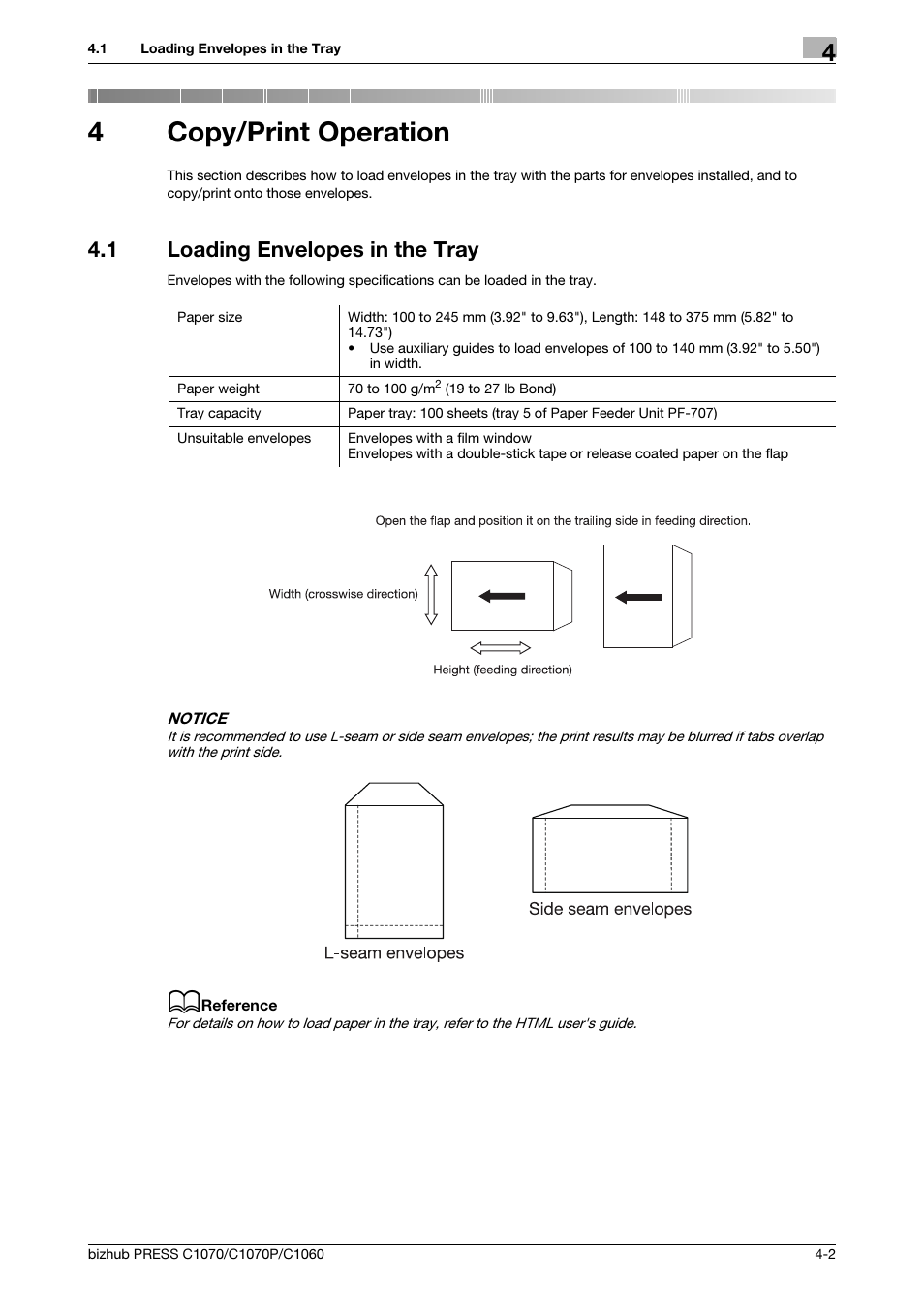 4 copy/print operation, 1 loading envelopes in the tray, Copy/print operation | Loading envelopes in the tray -2, 4copy/print operation | Konica Minolta bizhub PRESS C1070 User Manual | Page 24 / 37