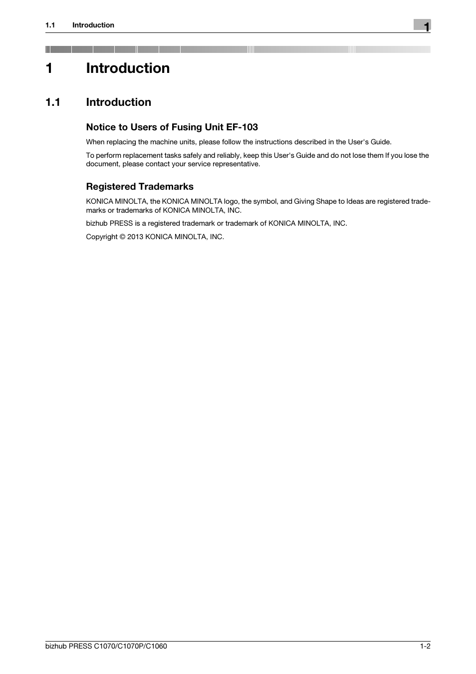 1 introduction, Introduction, Introduction -2 | 1introduction | Konica Minolta bizhub PRESS C1070 User Manual | Page 5 / 37
