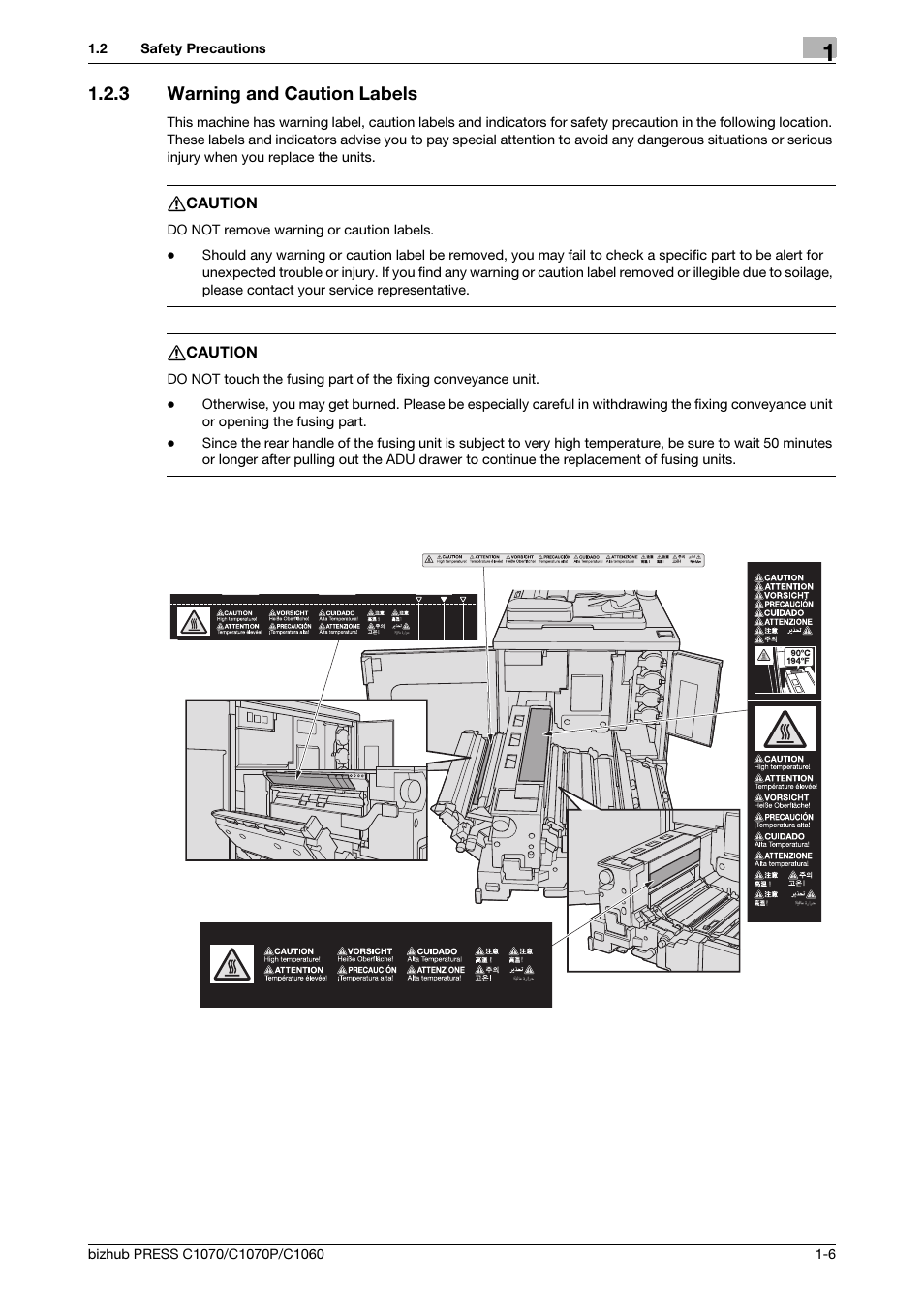 3 warning and caution labels, Warning and caution labels -6 | Konica Minolta bizhub PRESS C1070 User Manual | Page 9 / 37