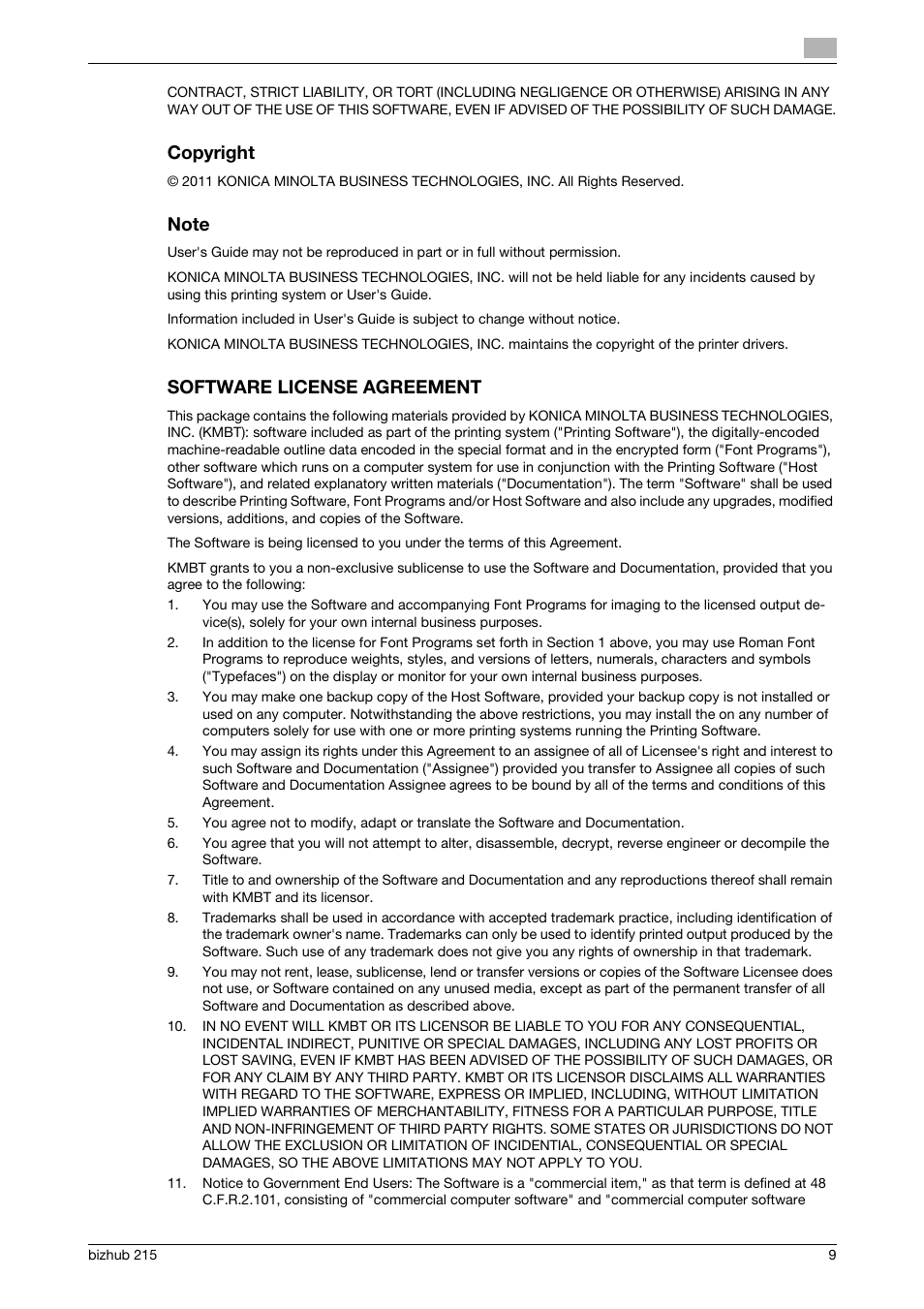 Copyright, Note, Software license agreement | Konica Minolta Bizhub 215 User Manual | Page 10 / 12