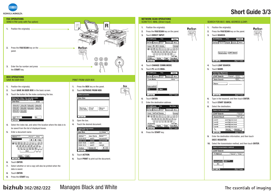 Short guide 3/3, Manages black and white | Konica Minolta bizhub 222 User Manual | Page 3 / 3