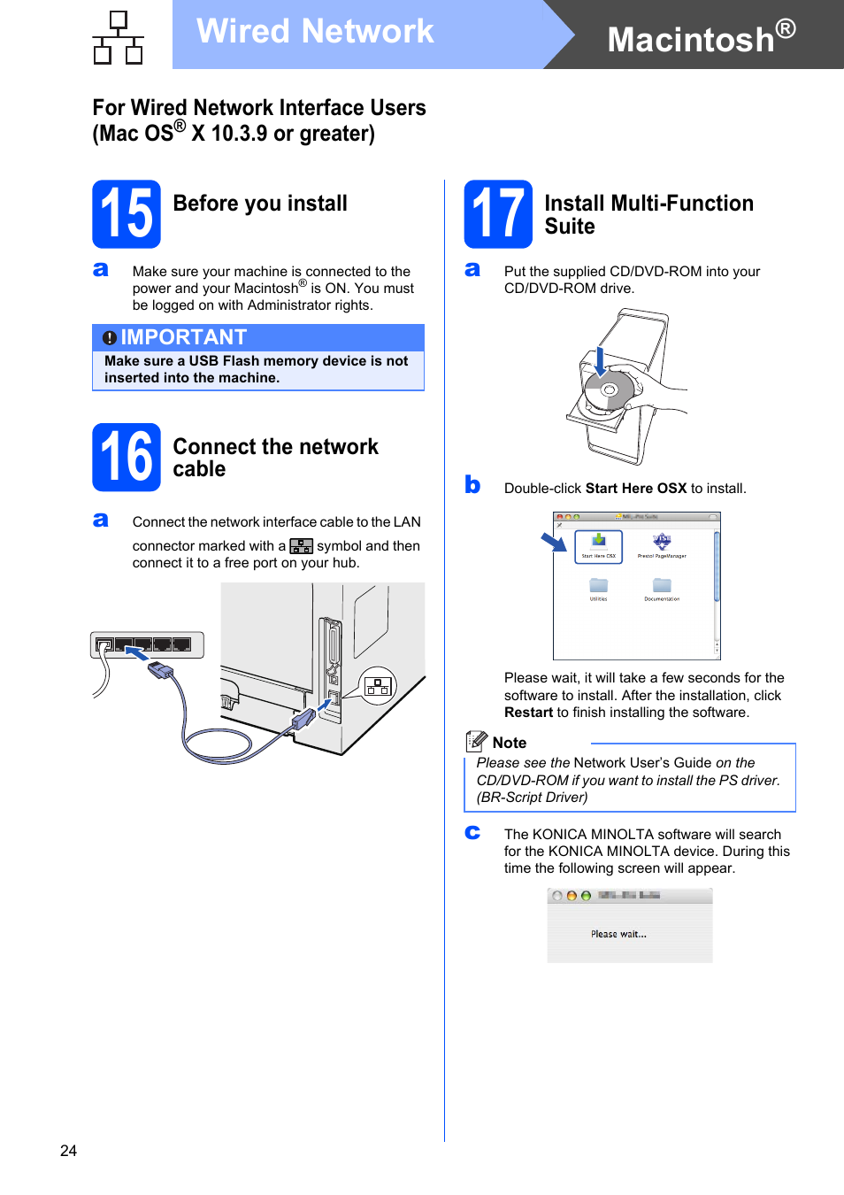 15 before you install, 16 connect the network cable, 17 install multi-function suite | Macintosh, Wired network | Konica Minolta bizhub 20 User Manual | Page 24 / 31