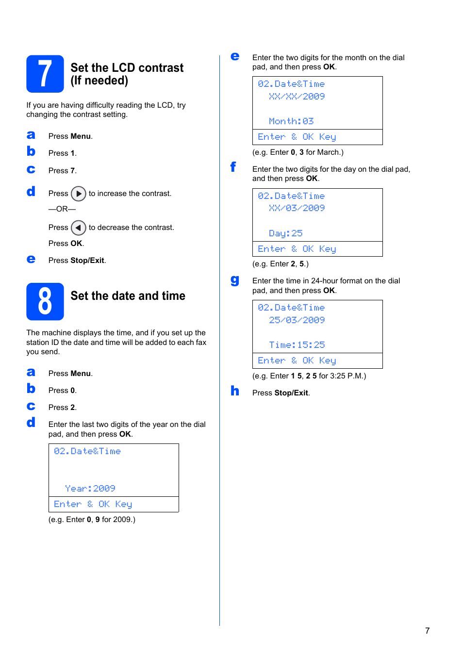 7 set the lcd contrast (if needed), 8 set the date and time | Konica Minolta bizhub 20 User Manual | Page 7 / 31