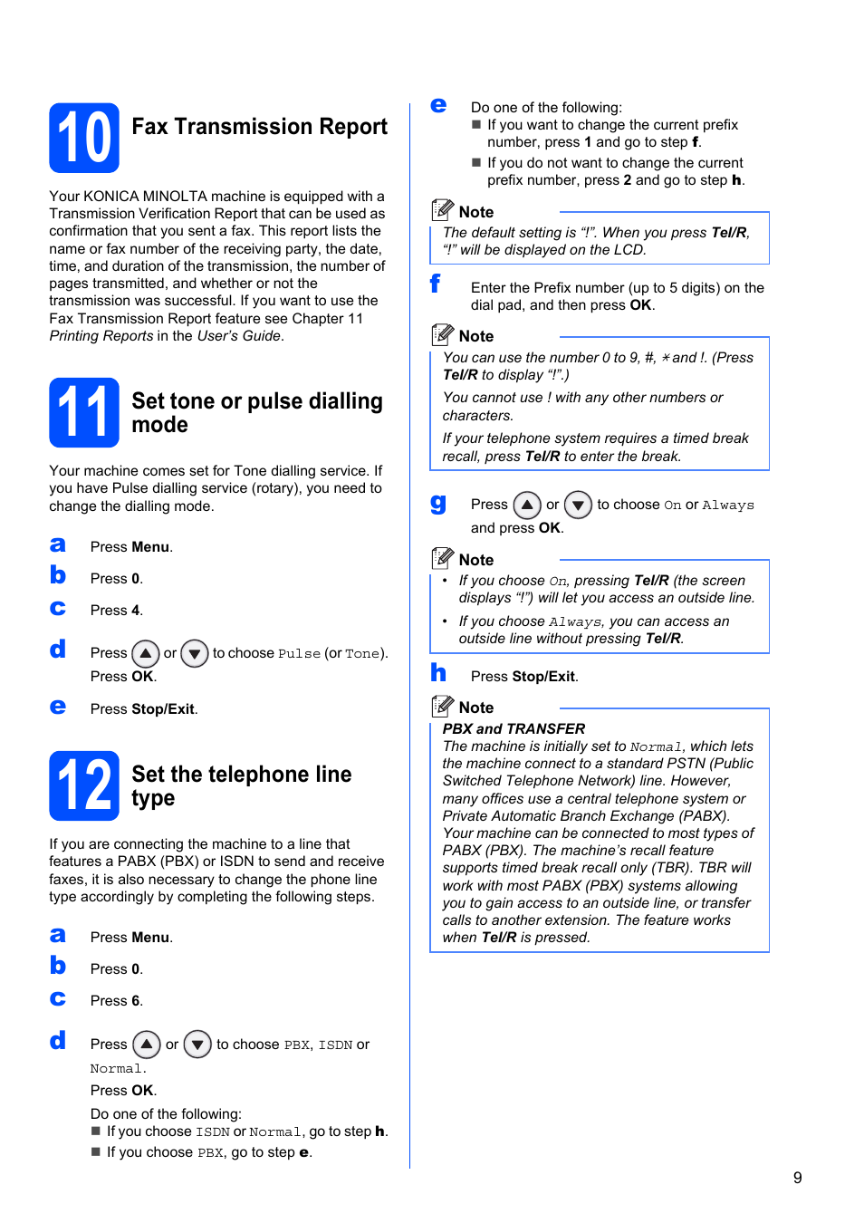 10 fax transmission report, 11 set tone or pulse dialling mode, 12 set the telephone line type | Fax transmission report, Set tone or pulse dialling mode, Set the telephone line type | Konica Minolta bizhub 20 User Manual | Page 9 / 31