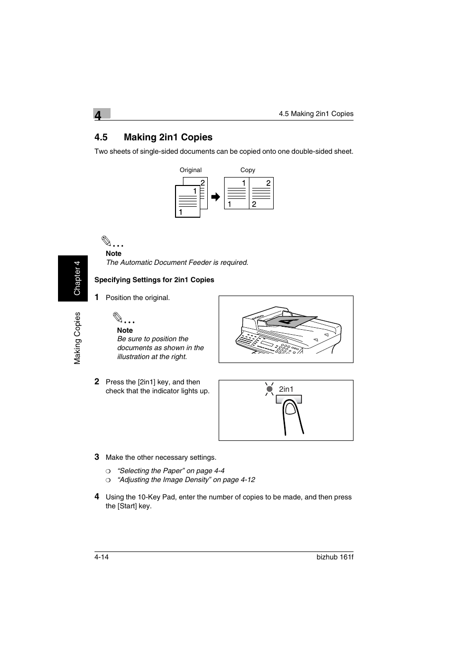5 making 2in1 copies, Specifying settings for 2in1 copies, Making 2in1 copies -14 | Specifying settings for 2in1 copies -14, P. 4-14) | Konica Minolta bizhub 161f User Manual | Page 101 / 284