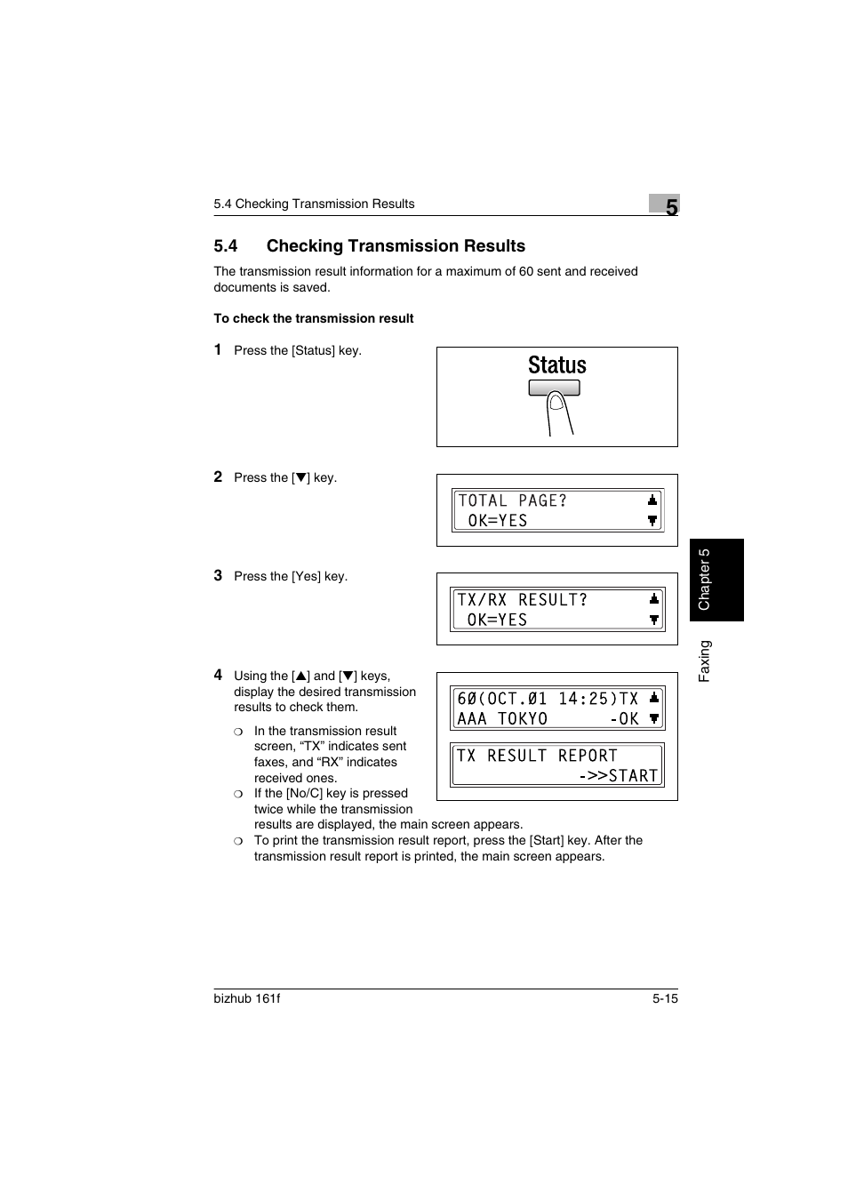 4 checking transmission results, To check the transmission result, Checking transmission results -15 | To check the transmission result -15 | Konica Minolta bizhub 161f User Manual | Page 118 / 284