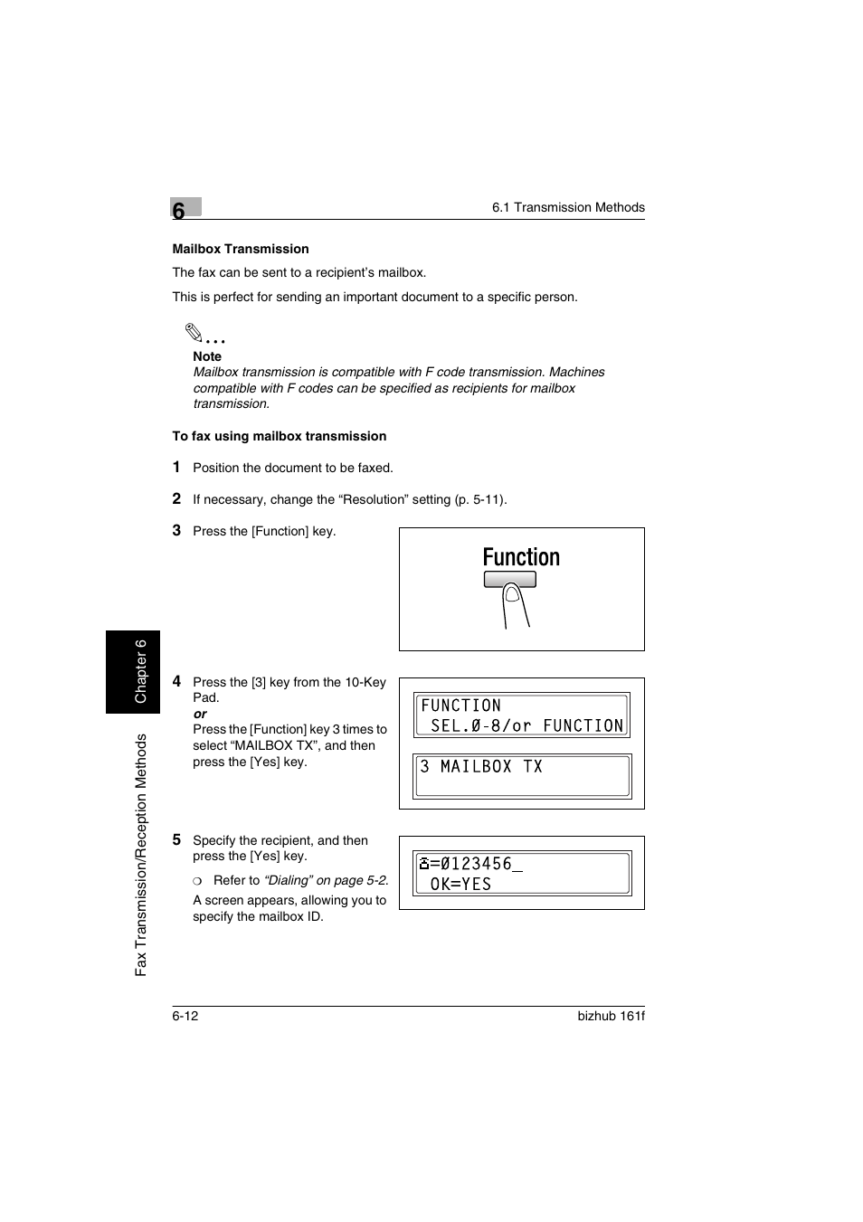 Mailbox transmission, To fax using mailbox transmission, Mailbox transmission -12 | To fax using mailbox transmission -12 | Konica Minolta bizhub 161f User Manual | Page 131 / 284