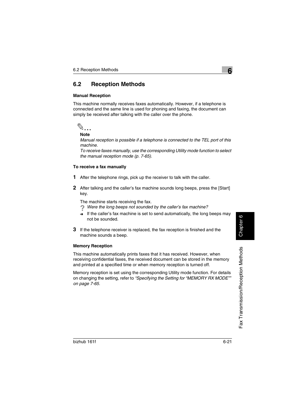 2 reception methods, Manual reception, To receive a fax manually | Memory reception, Reception methods -21 | Konica Minolta bizhub 161f User Manual | Page 140 / 284
