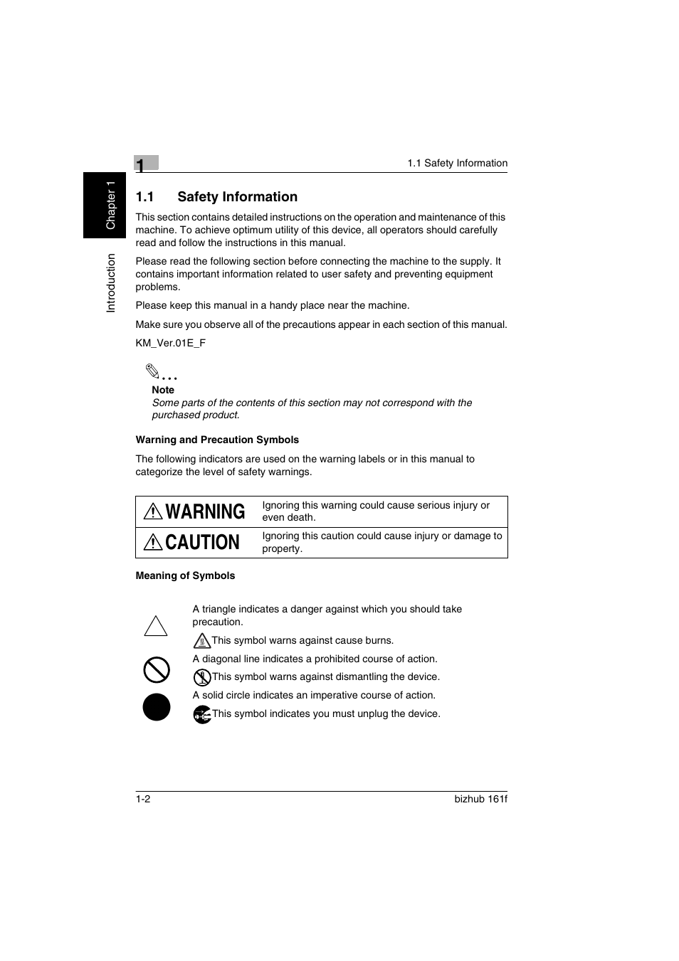 1 safety information, Warning and precaution symbols, Meaning of symbols | Safety information -2, Warning caution | Konica Minolta bizhub 161f User Manual | Page 15 / 284