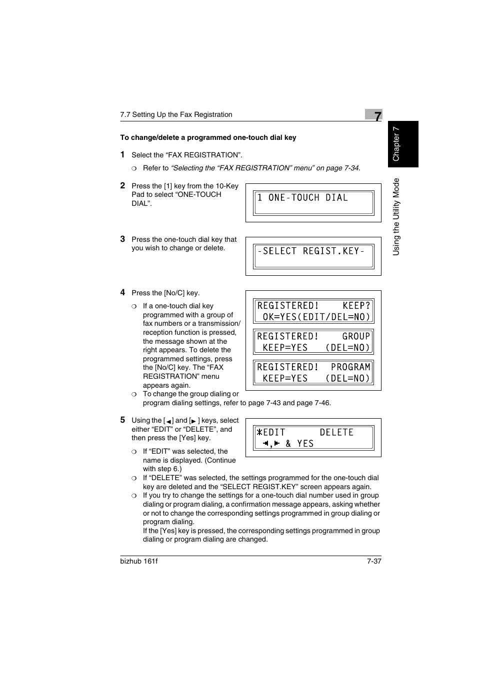 To change/delete a programmed one-touch dial key | Konica Minolta bizhub 161f User Manual | Page 184 / 284