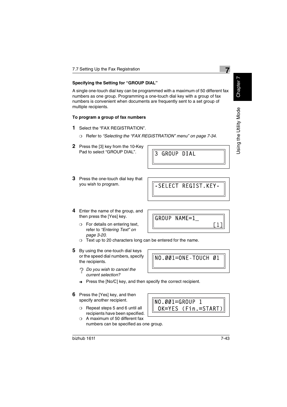Specifying the setting for “group dial, To program a group of fax numbers | Konica Minolta bizhub 161f User Manual | Page 190 / 284