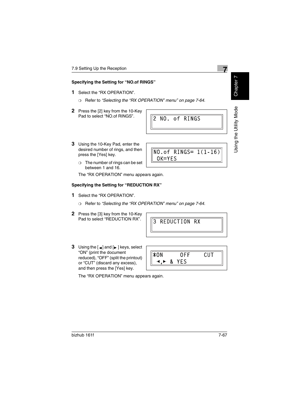 Specifying the setting for “no.of rings, Specifying the setting for “reduction rx | Konica Minolta bizhub 161f User Manual | Page 214 / 284