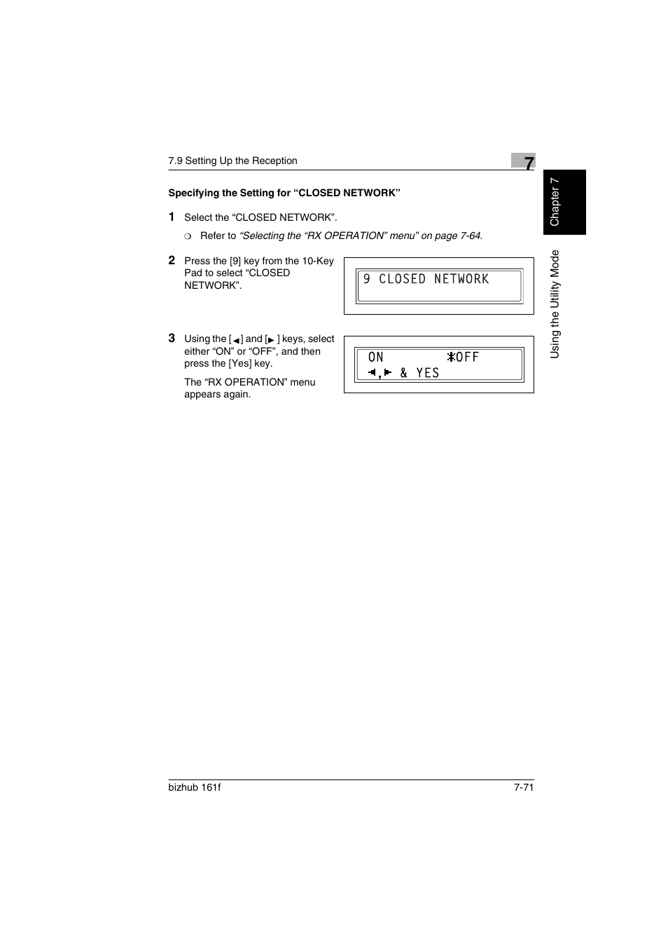 Specifying the setting for “closed network, Specifying the setting for “closed network” -71 | Konica Minolta bizhub 161f User Manual | Page 218 / 284