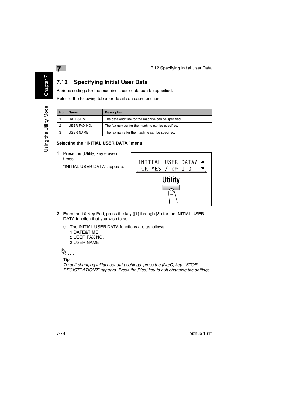 12 specifying initial user data, Selecting the “initial user data” menu, Specifying initial user data -78 | Selecting the “initial user data” menu -78 | Konica Minolta bizhub 161f User Manual | Page 225 / 284