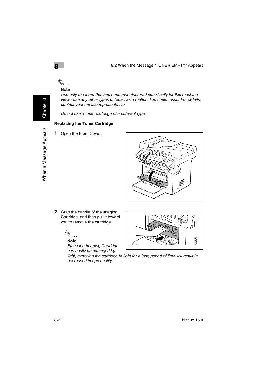Replacing the toner cartridge, Replacing the toner cartridge -6 | Konica Minolta bizhub 161f User Manual | Page 235 / 284