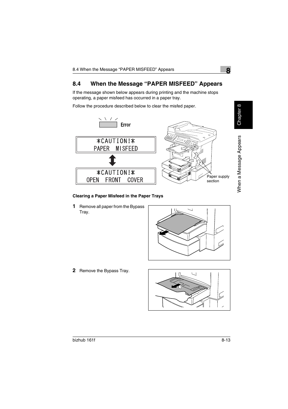 4 when the message “paper misfeed” appears, Clearing a paper misfeed in the paper trays, When the message “paper misfeed” appears -13 | Clearing a paper misfeed in the paper trays -13 | Konica Minolta bizhub 161f User Manual | Page 242 / 284