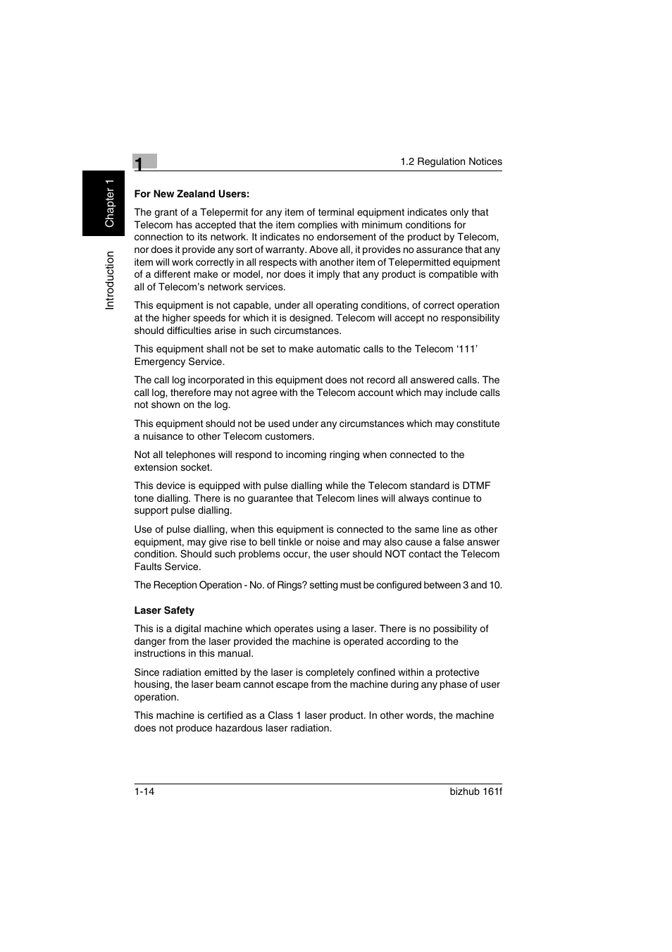 For new zealand users, Laser safety, For new zealand users: -14 laser safety -14 | Konica Minolta bizhub 161f User Manual | Page 27 / 284